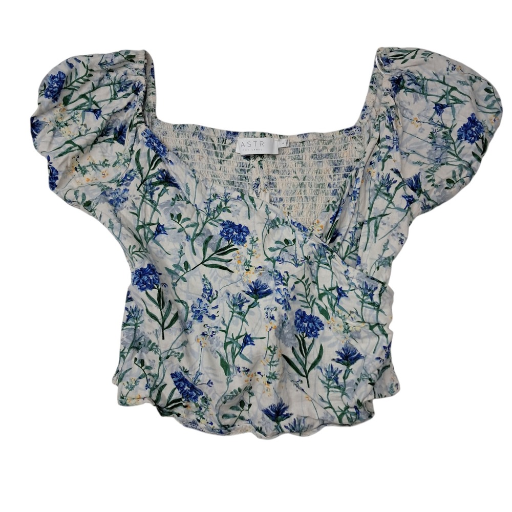 ASTR The Label Top Women's Large Blue Floral Puff Sleeve Smocked Linen Cottage